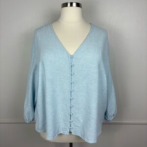 Laura Ashley Linen Blend Blouse Top Size 2X Button Front Balloon Sleeve Feminine